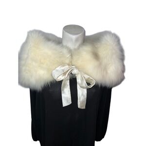Elegant Ivory Faux Fur Stole Wrap with Satin Bow Accent & Lining Chic Vintage